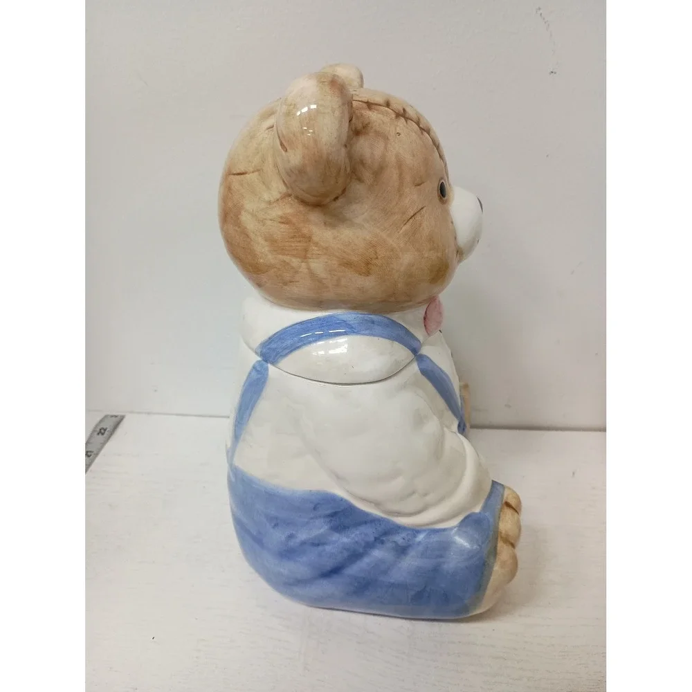 Vintage Teddy Bear Cookie Jar Blue Tan Ceramic Country Kitchen Decor